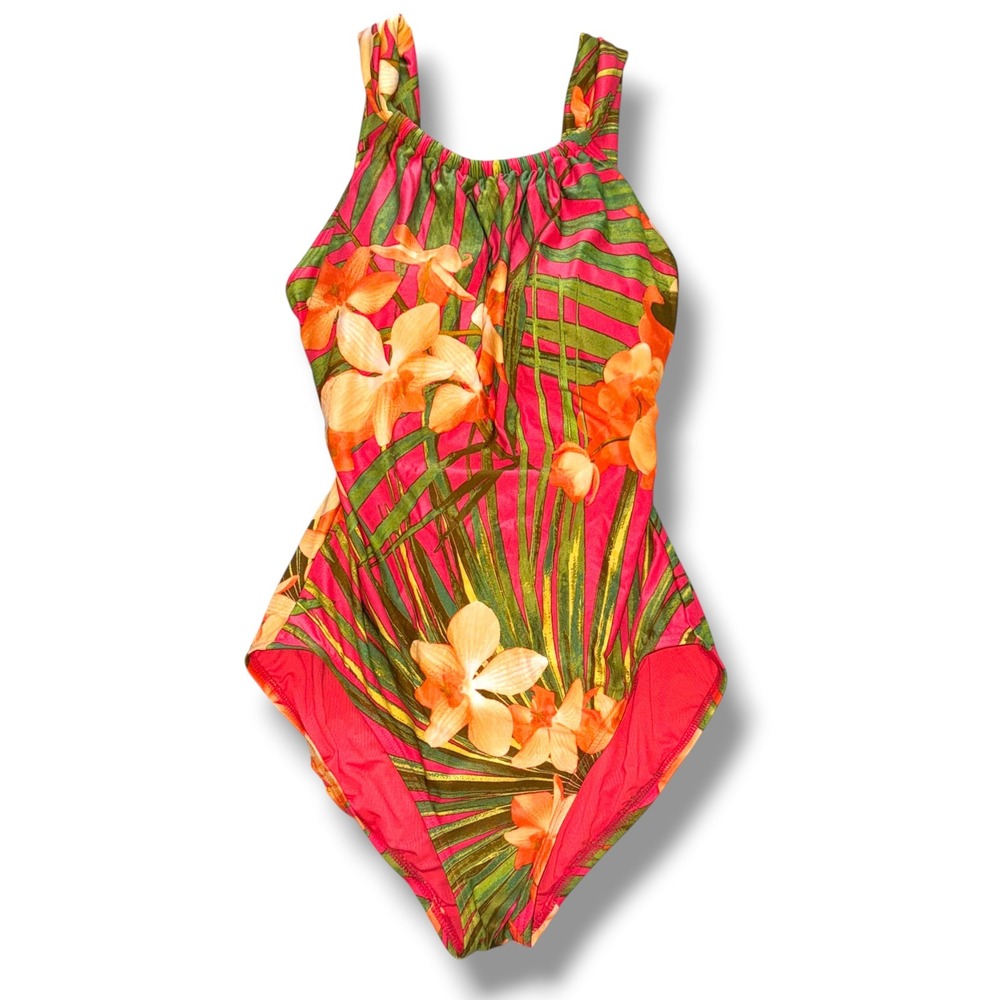 Carmen Marc Valvo Swimsuit Women 10 Pink‎ Tropical Floral High Neck One Piece